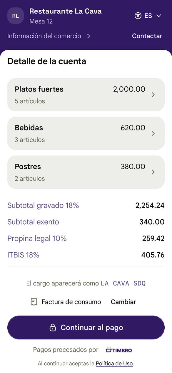 La cuenta en el celular del cliente