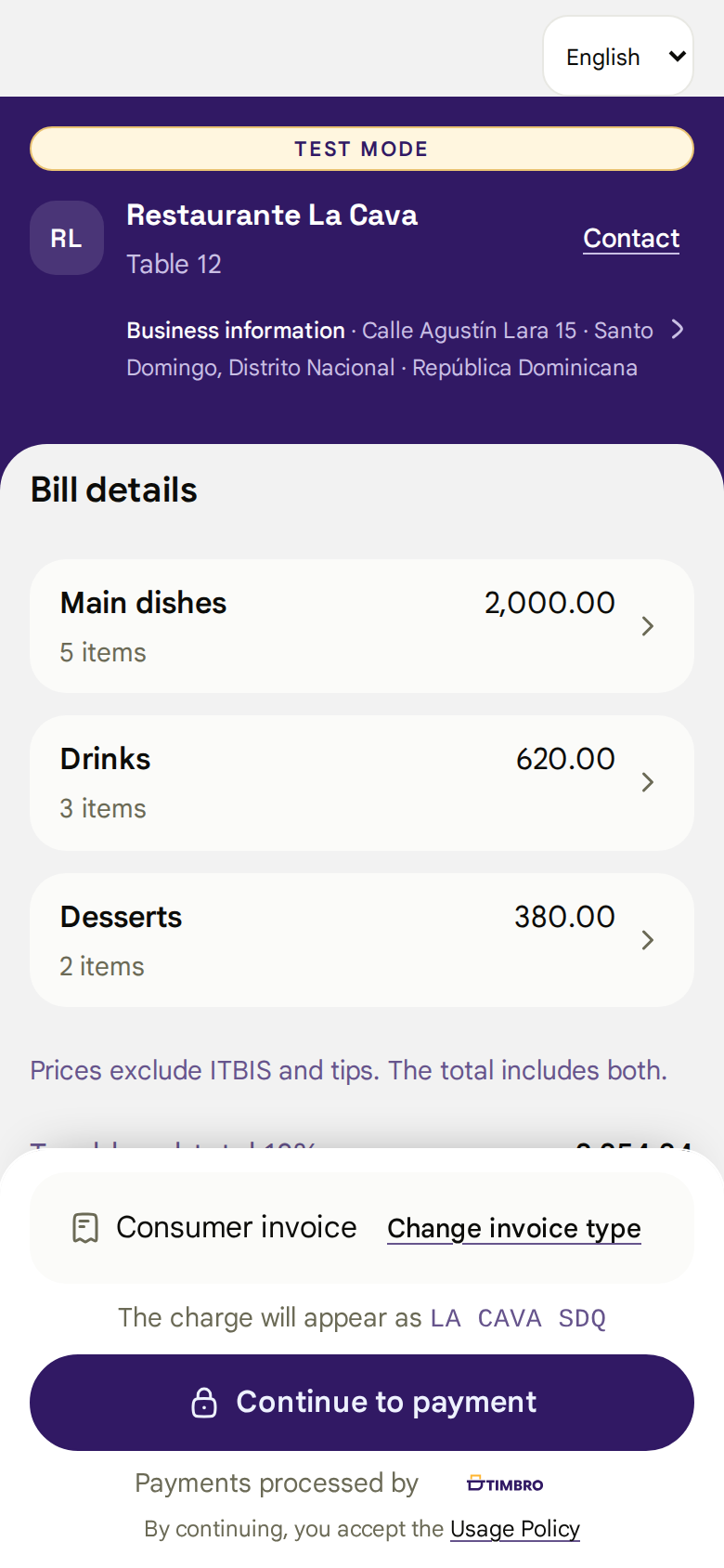 Restaurant bill details in Timbro Checkout