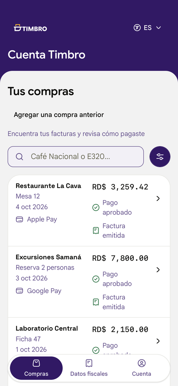 Compras y facturas guardadas en Cuenta Timbro