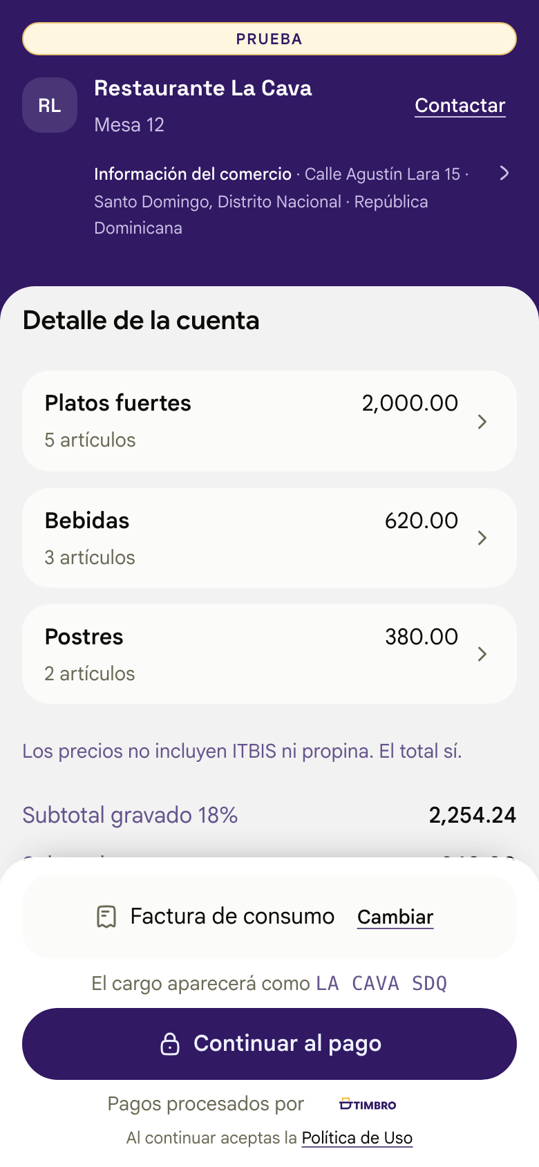 Detalle de una cuenta de restaurante en el Checkout de Timbro