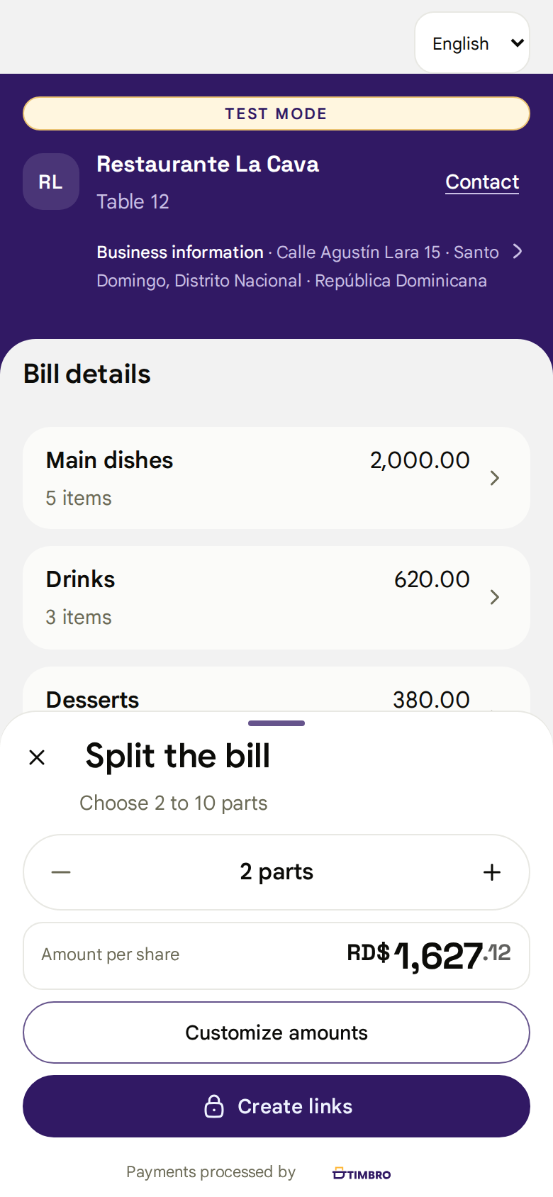 Screen for splitting a bill in Timbro