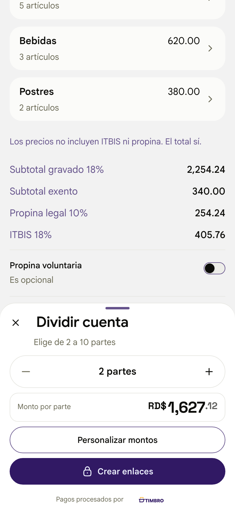 Pantalla para dividir una cuenta en Timbro