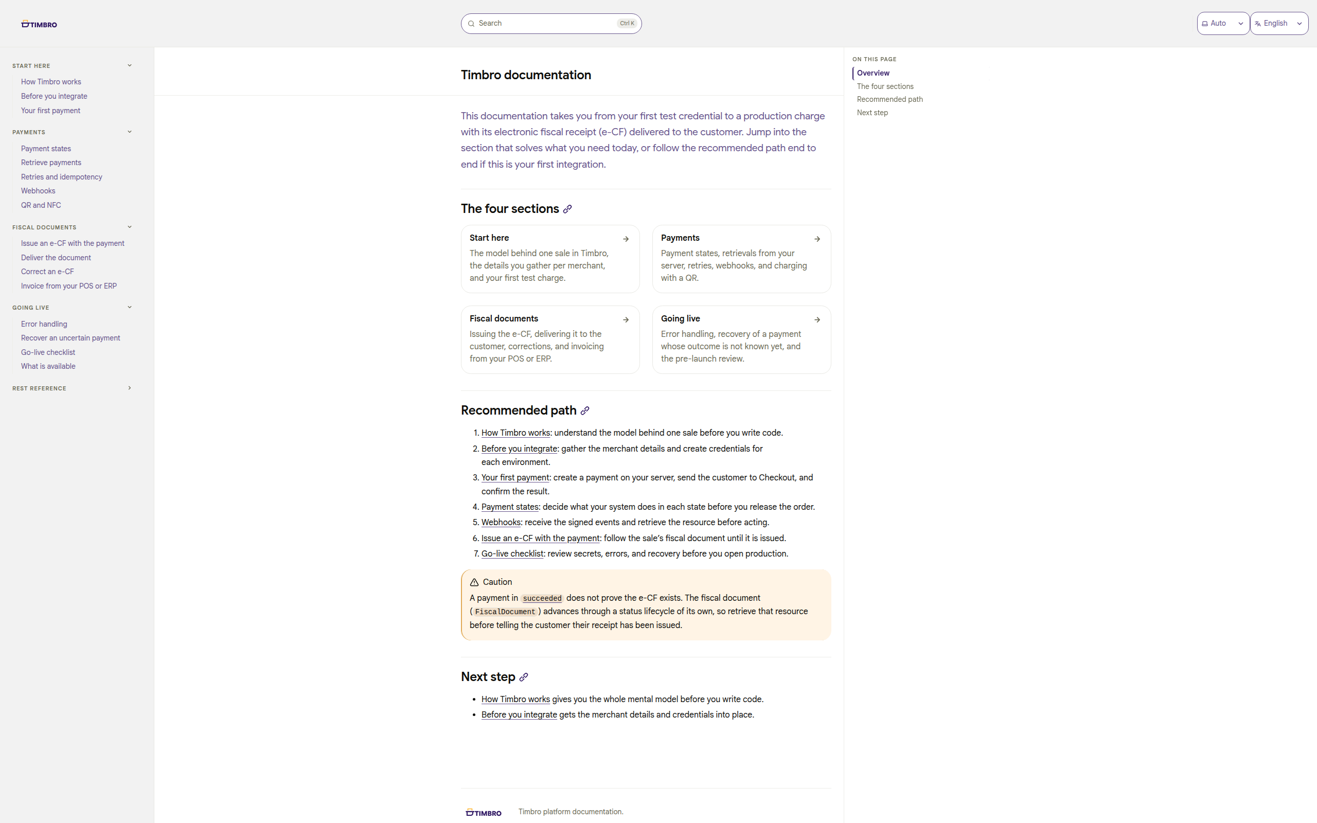 Timbro public documentation with onboarding, idempotency, webhooks, errors, recovery, and fiscal delivery guides