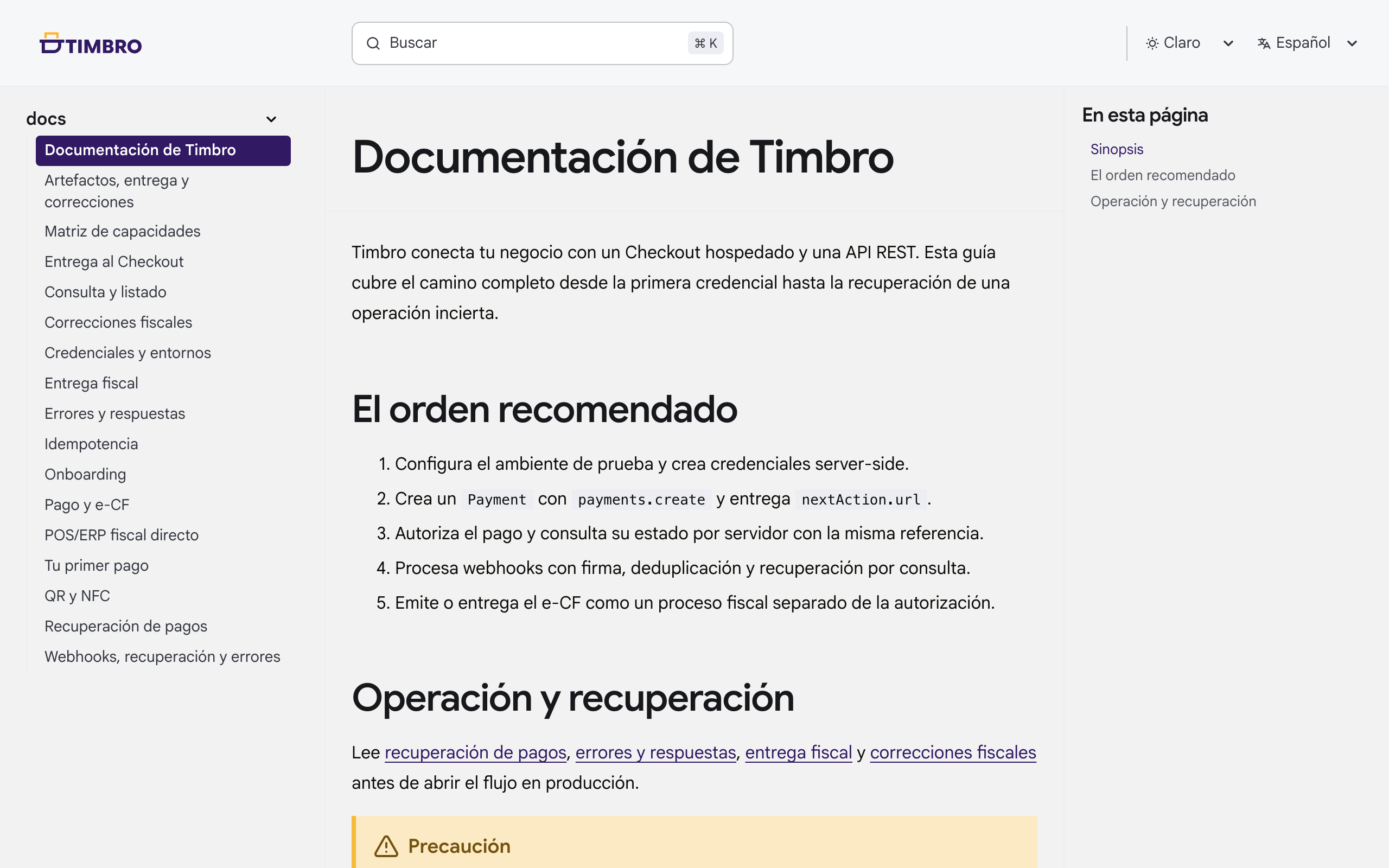 Documentación pública de Timbro con las guías de onboarding, idempotencia, webhooks, errores, recuperación y entrega fiscal