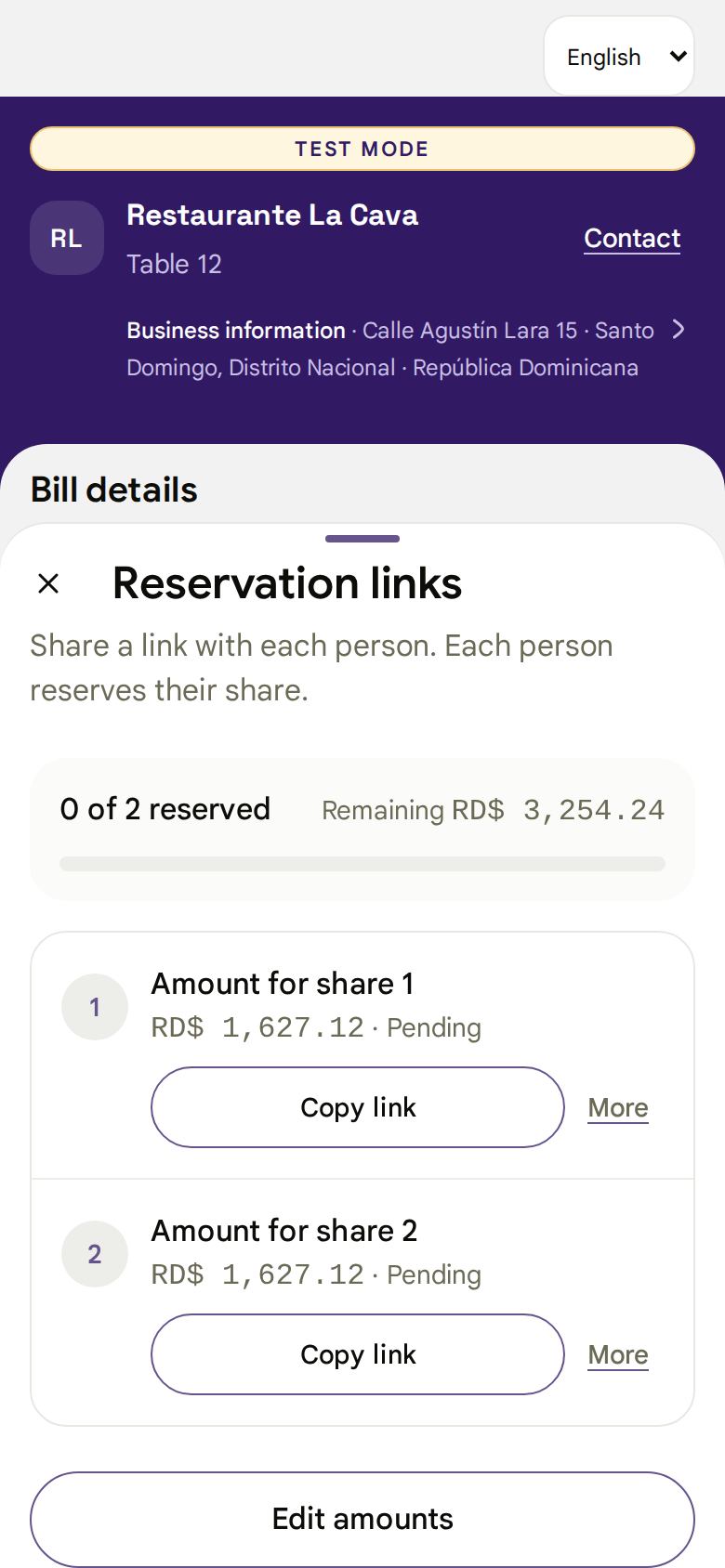Individual links to pay a split bill