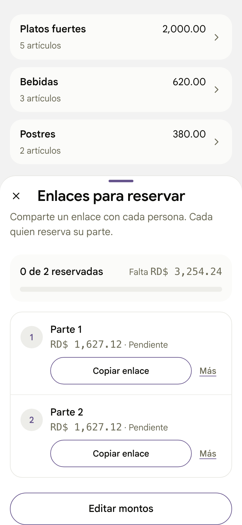 Enlaces individuales para pagar una cuenta dividida