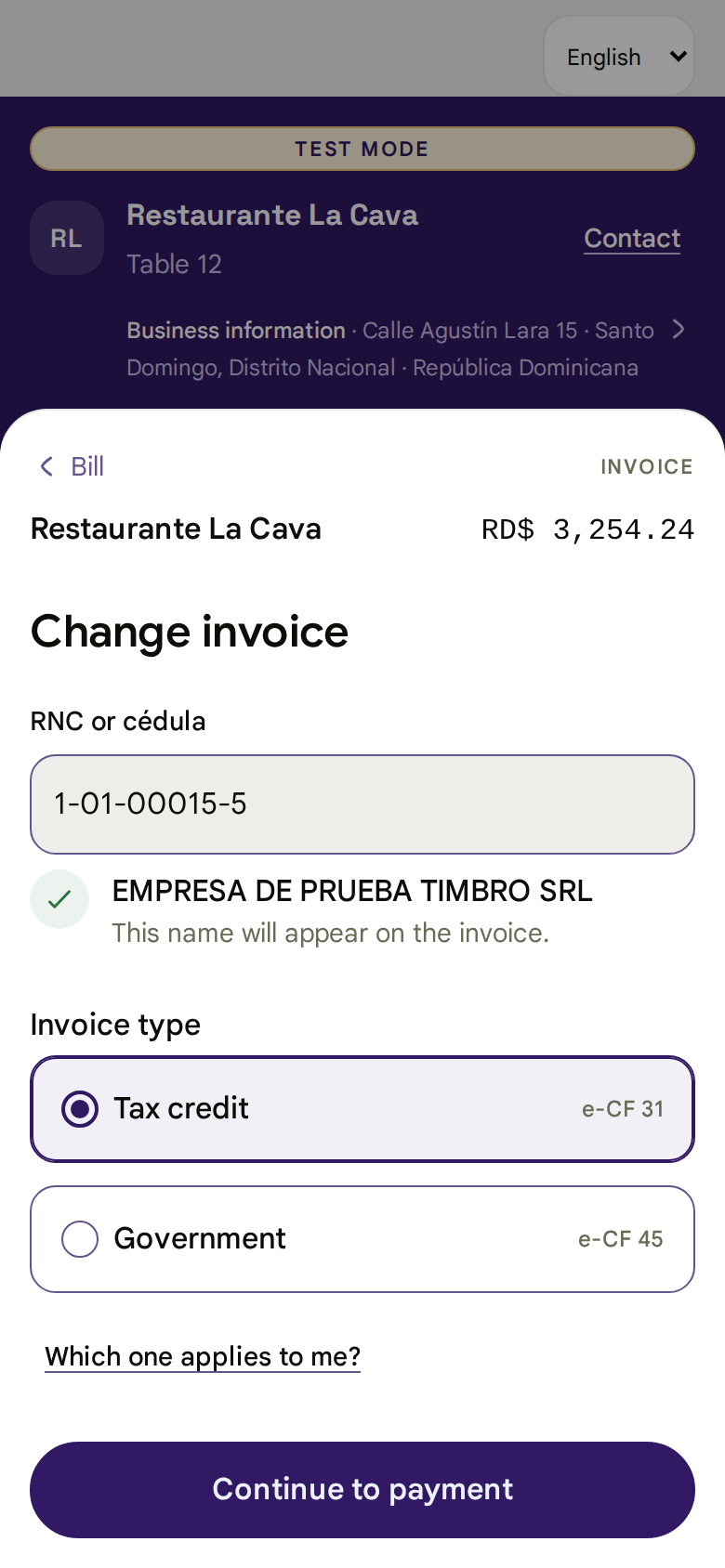 Invoice type selection in Timbro