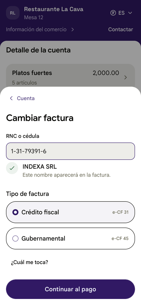 Factura de crédito fiscal con el nombre confirmado