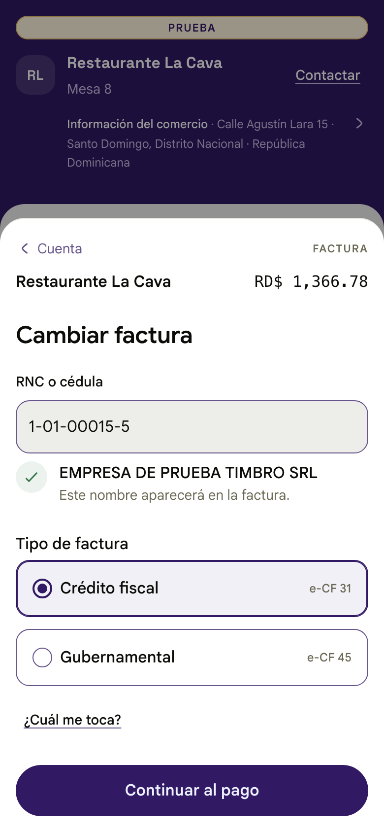 Selección del tipo de factura en Timbro