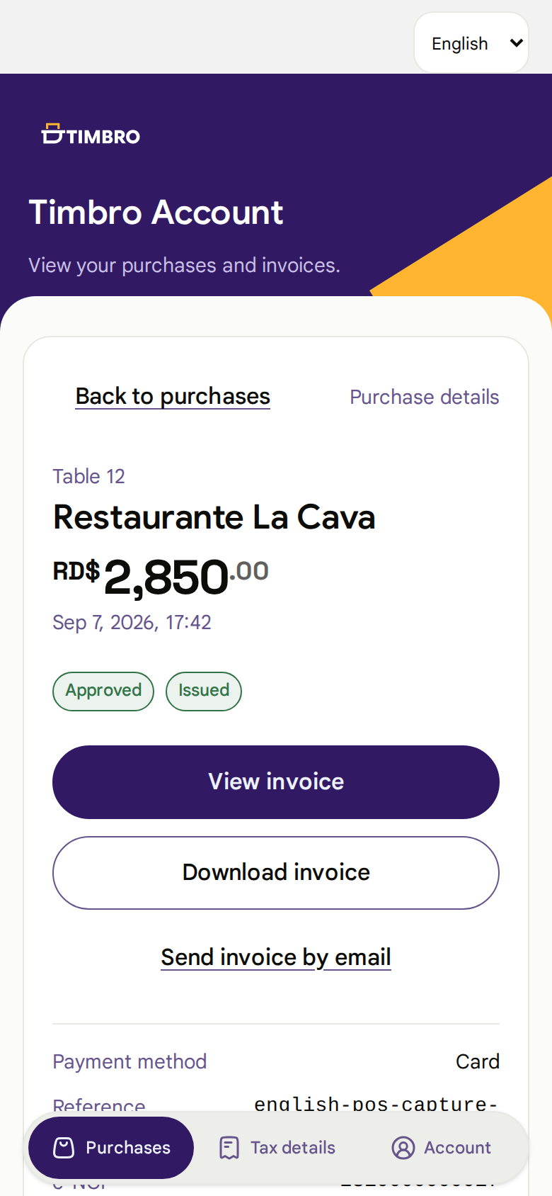 Purchase details with their invoice in Timbro account