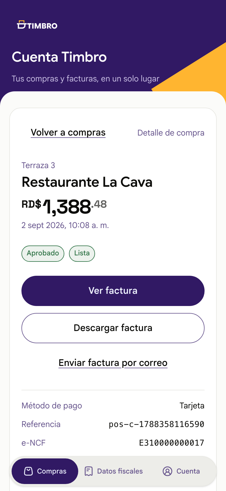 Detalle de una compra con su factura en Cuenta Timbro