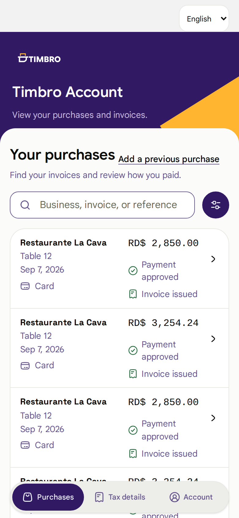 Purchase list in Timbro account