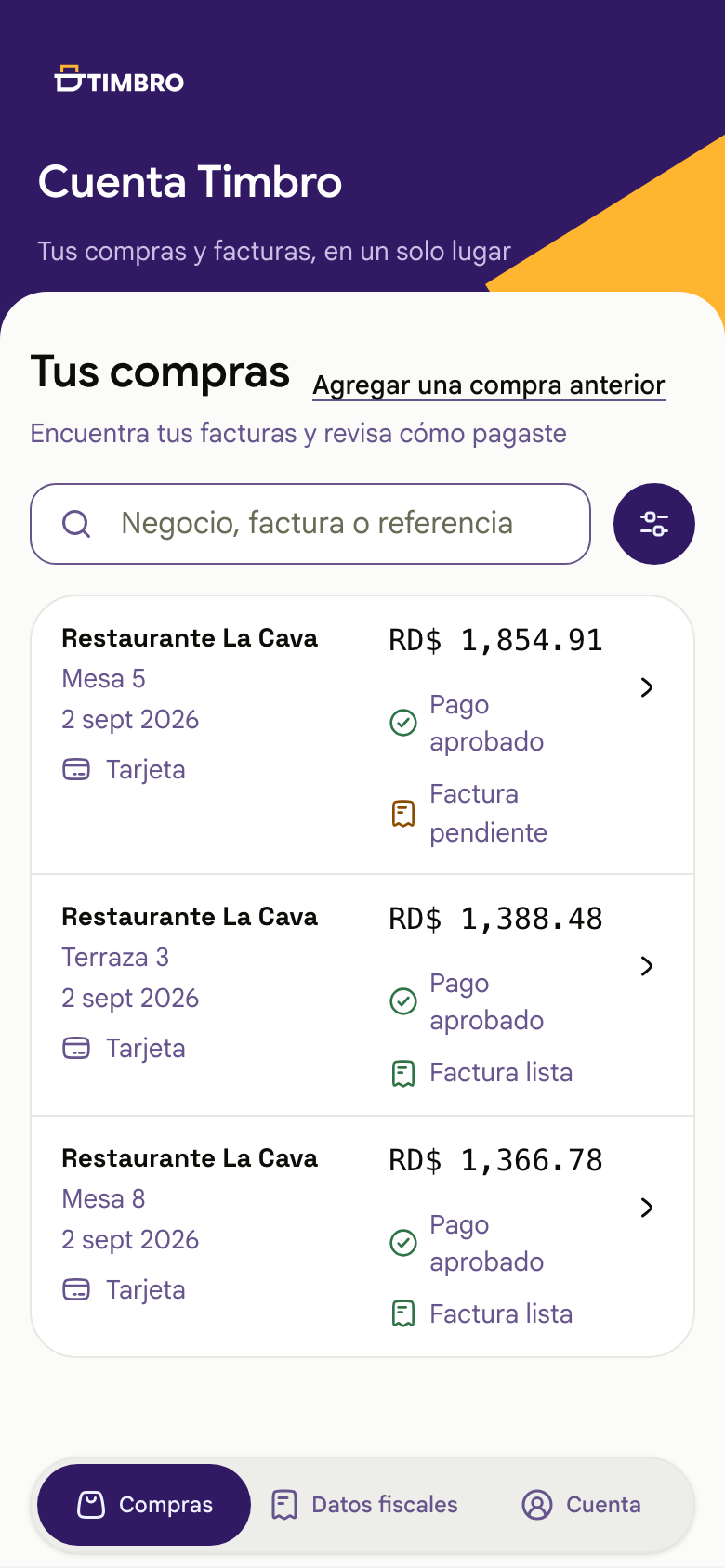 Listado de compras en Cuenta Timbro