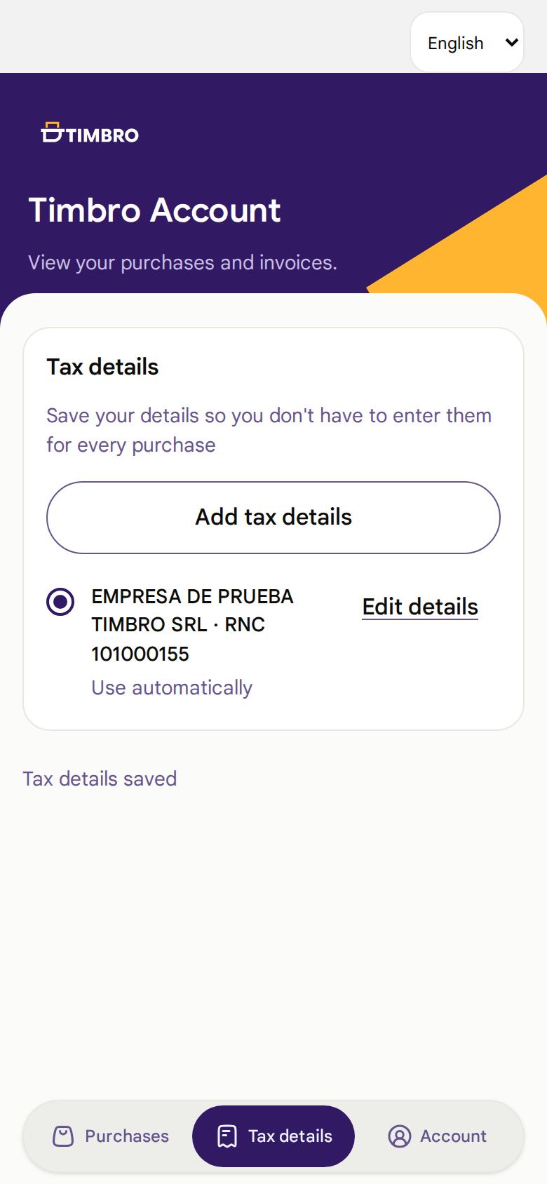 Saved tax details in Timbro account
