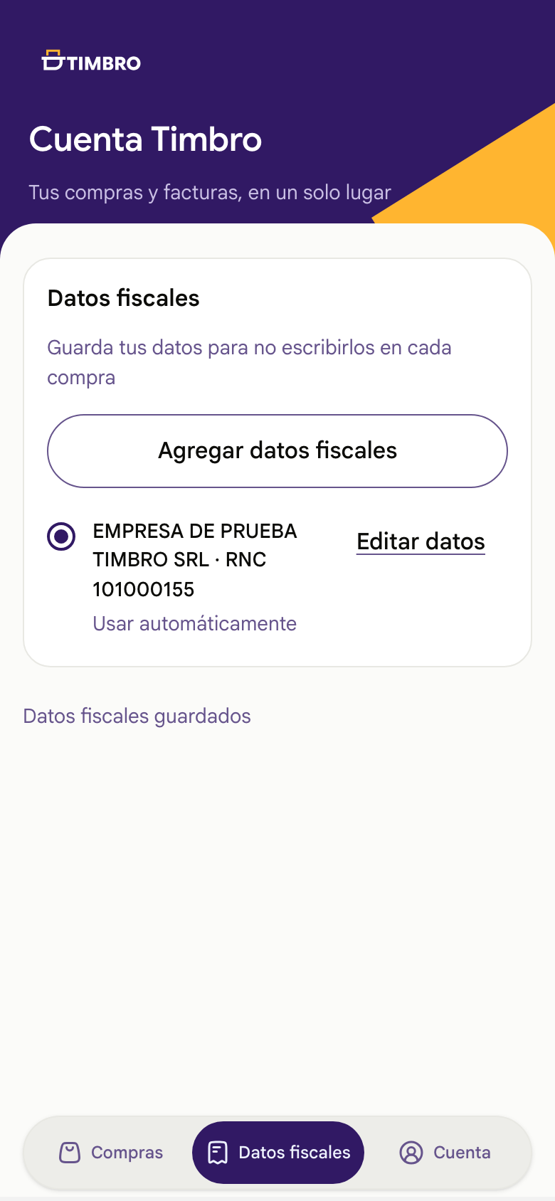 Datos fiscales guardados en Cuenta Timbro