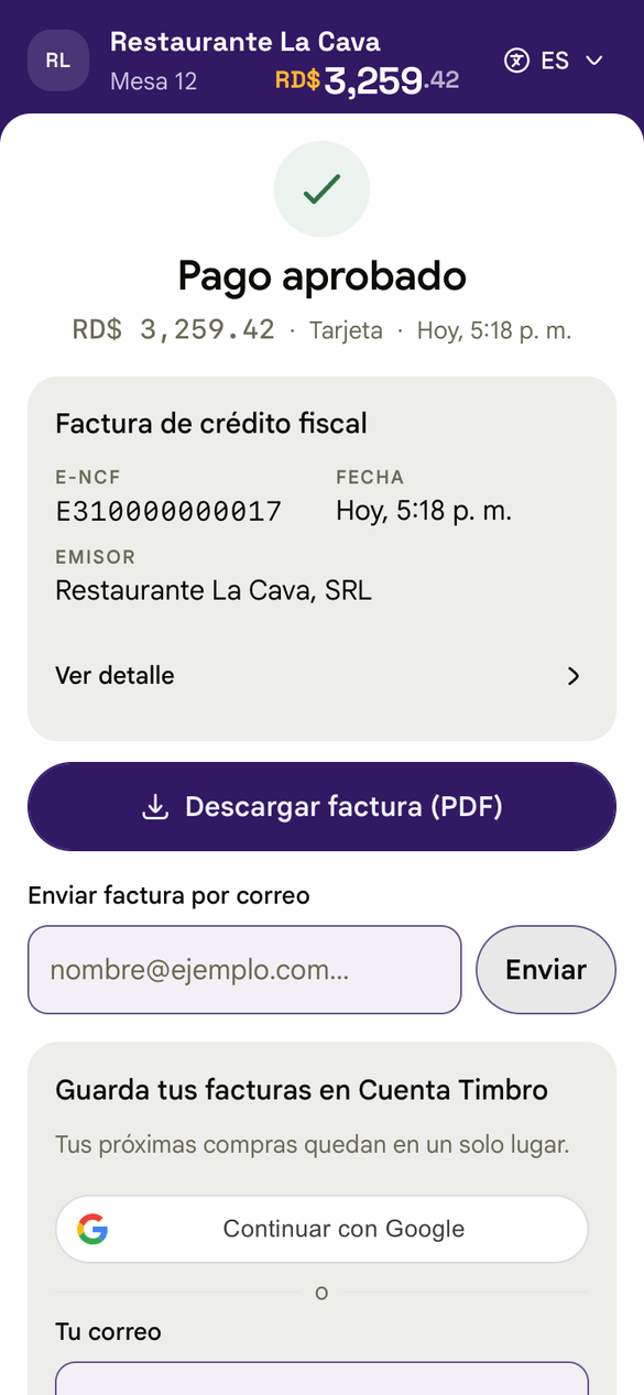 Pago aprobado con la factura lista para descargar
